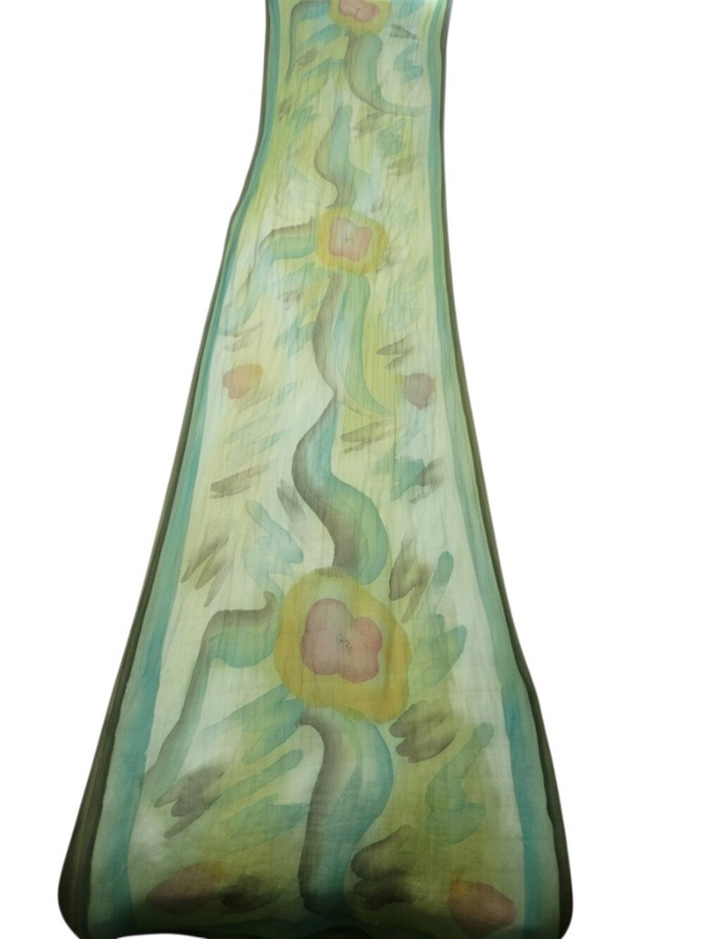 Vintage Silk Watercolor Scarf Green Teal Blush Crinkle Long Scarf 17x66